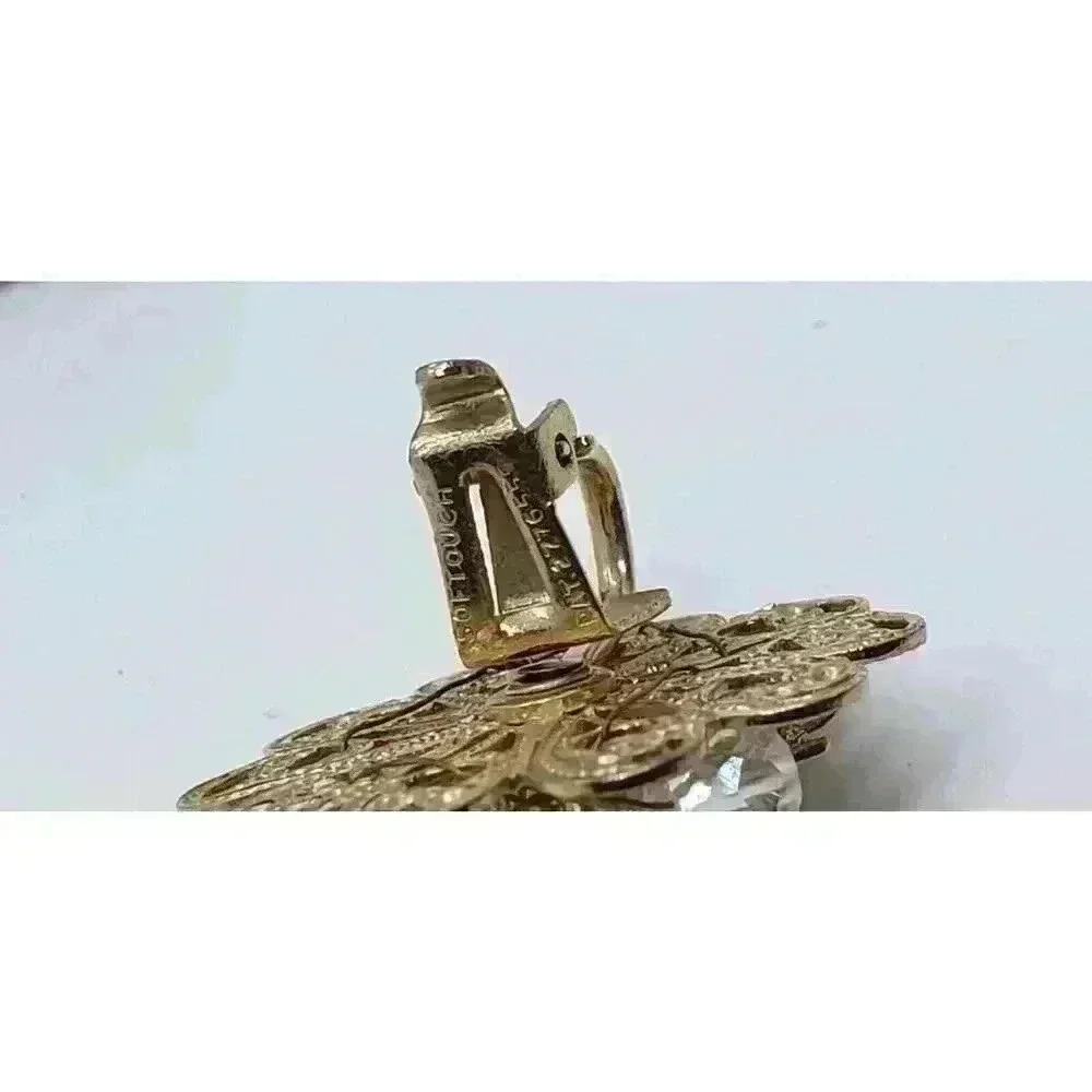 Vintage Earrings Clip Gold Filigree AB Crystal Dangle Soft Touch 1950 Fancy